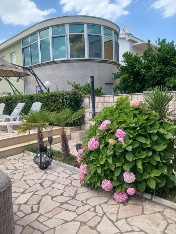 Hydrangeas and palms in the courtyard garden